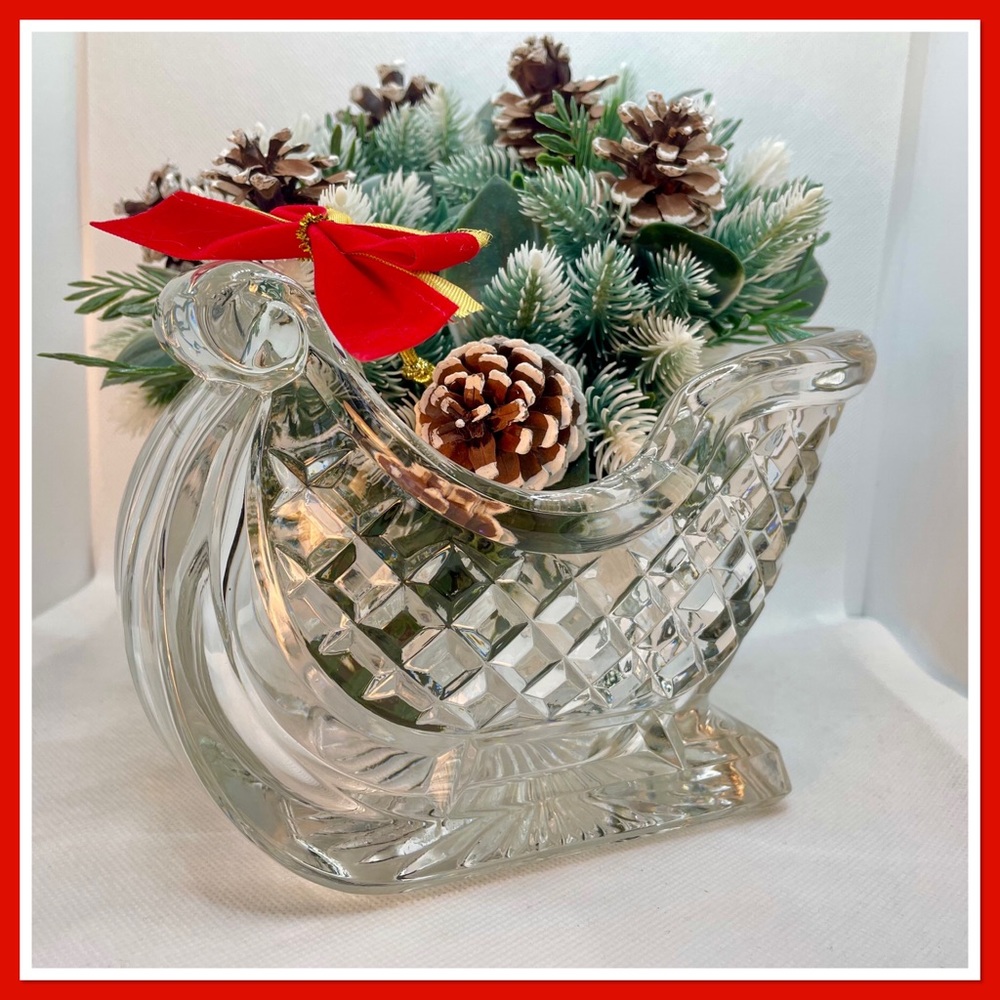 Crystal Glass Sleigh Flower Vase Christmas